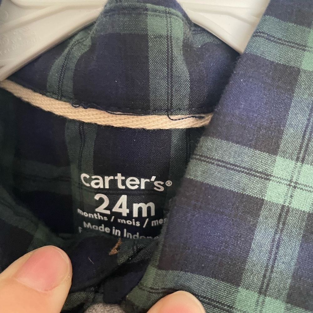 Carter's Green Plaid Button Up Bodysuit with Tan Pants and Grey Bowtie NWT 24mo - Picture 3 of 9